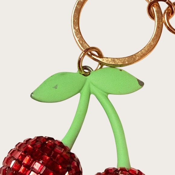 Sparkly Red Cherry Keychain Keyring Bag Clip With Green Stem Gold-Tone Hardware - Picture 4 of 4